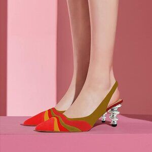 FOWT Rainbow Color Stripes Strange Spiral High Heel Pumps Slip On Pointed Toe